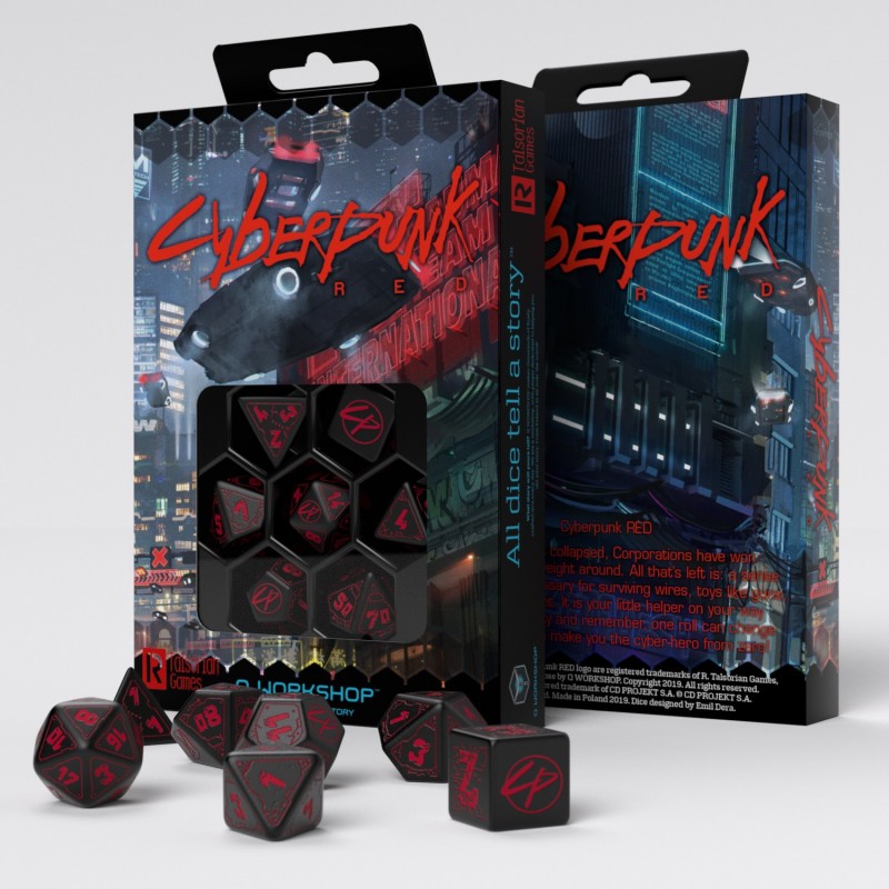 Q-Workshop Cyberpunk Red Dice Set: Blood over Chrome – black with red RPG dice – Flip Tap Win TCG, Saline MI