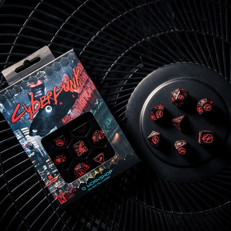 Q-Workshop Cyberpunk Red Dice Set: Blood over Chrome – black with red RPG dice – Flip Tap Win TCG, Saline MI