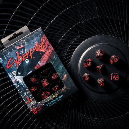 Q-Workshop Cyberpunk Red Dice Set: Blood over Chrome – black with red RPG dice – Flip Tap Win TCG, Saline MI