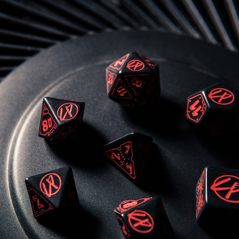 Q-Workshop Cyberpunk Red Dice Set: Blood over Chrome – black with red RPG dice – Flip Tap Win TCG, Saline MI