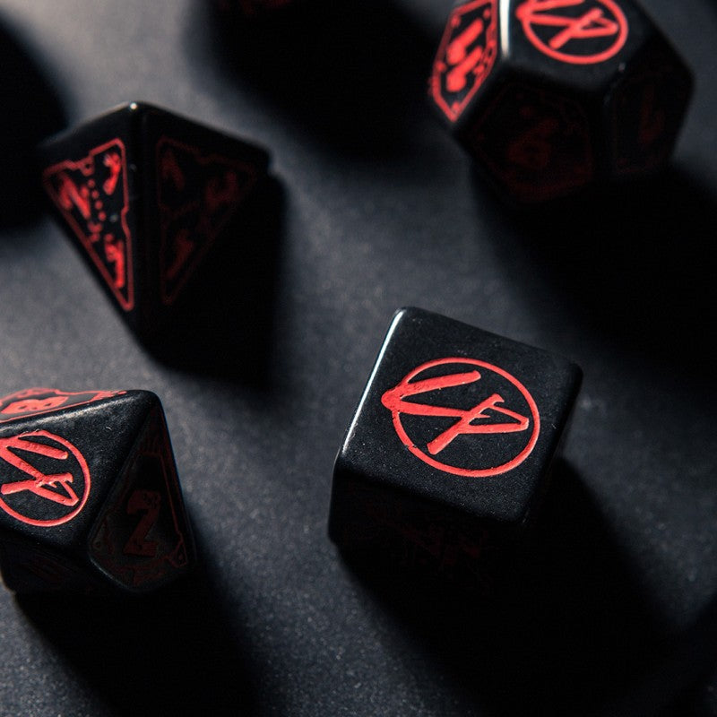 Q-Workshop Cyberpunk Red Dice Set: Blood over Chrome – black with red RPG dice – Flip Tap Win TCG, Saline MI