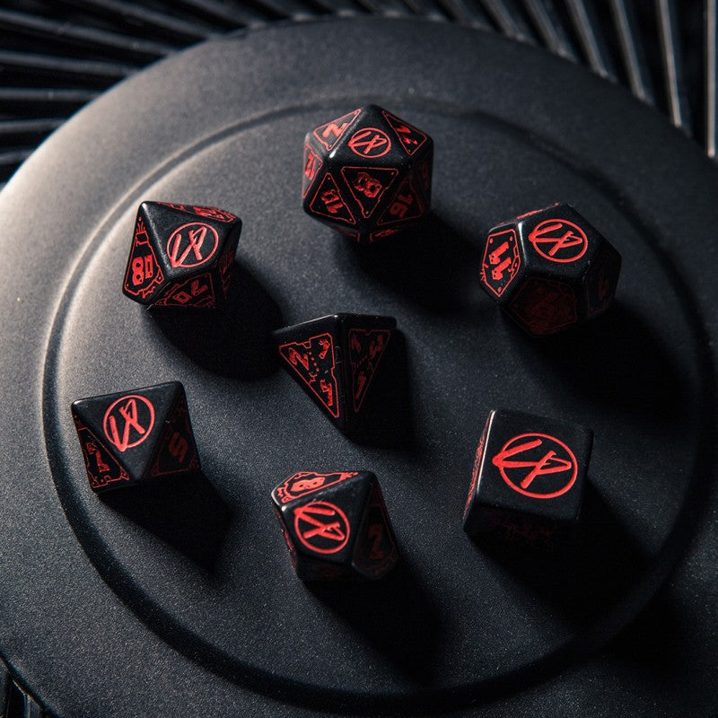Q-Workshop Cyberpunk Red Dice Set: Blood over Chrome – black with red RPG dice – Flip Tap Win TCG, Saline MI