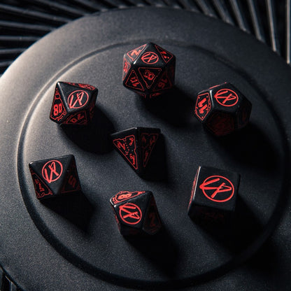 Q-Workshop Cyberpunk Red Dice Set: Blood over Chrome – black with red RPG dice – Flip Tap Win TCG, Saline MI
