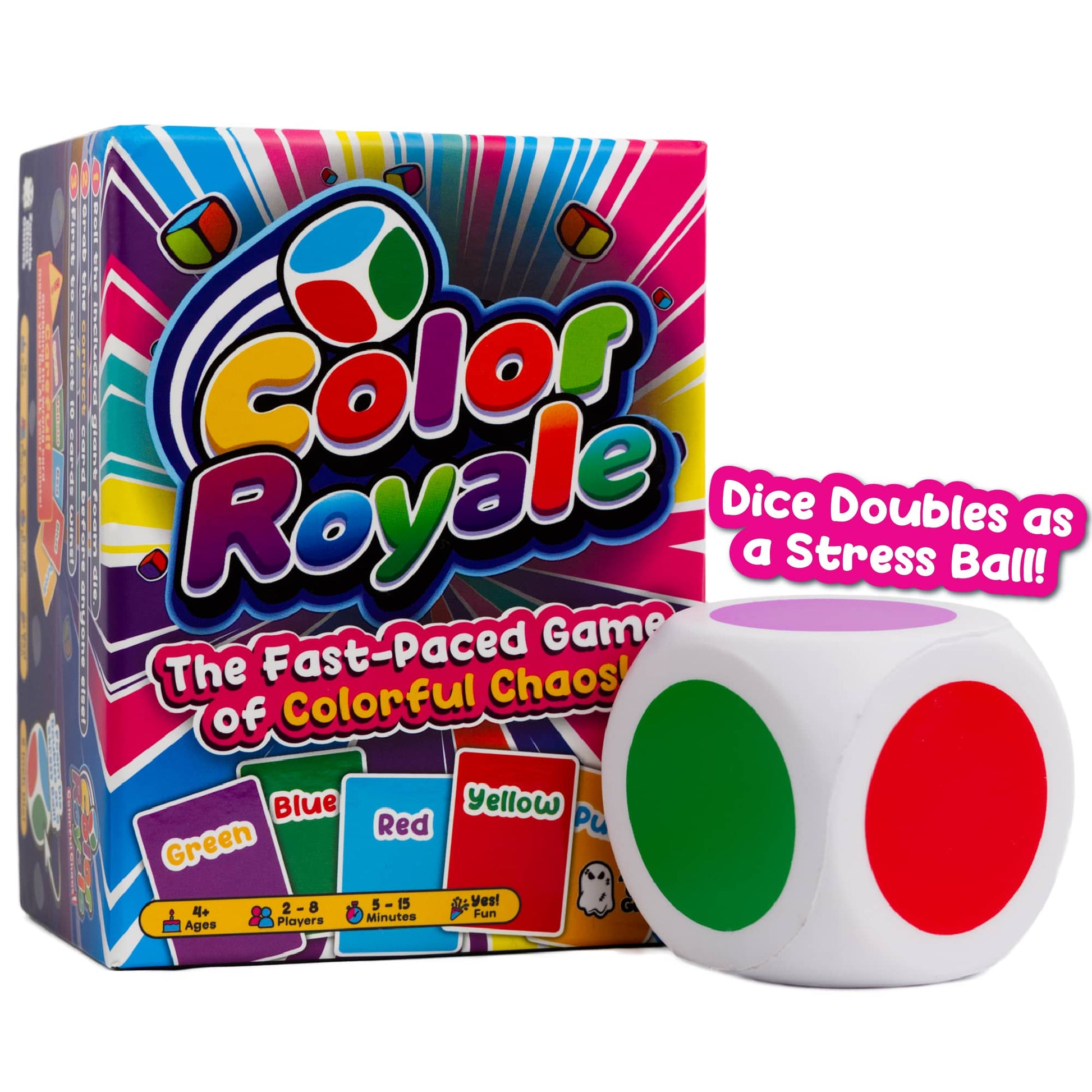 A sealed Color Royale box featuring colorful graphics and dice. Publisher: Zombie Ghost Games, Game: Color Royale, Set: Fast-Paced Family Party Game with Stress Ball (Color Royale)