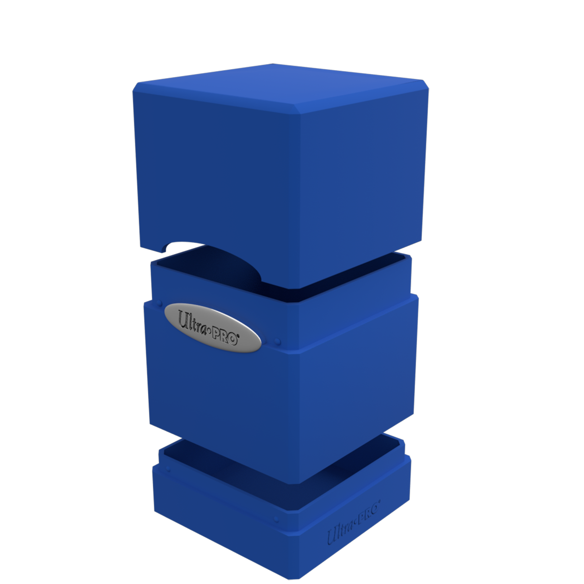 A blue Classic SATIN Tower DECK BOX. Brand: Ultra PRO, Item: Classic SATIN® Tower DECK BOX®