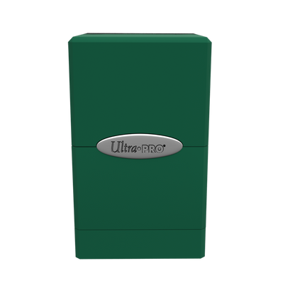 A green Classic SATIN Tower DECK BOX. Brand: Ultra PRO, Item: Classic SATIN® Tower DECK BOX®