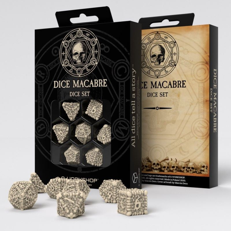 Q-Workshop Dice Macabre Set – beige resin with brown wash RPG dice – Flip Tap Win TCG, Saline MI