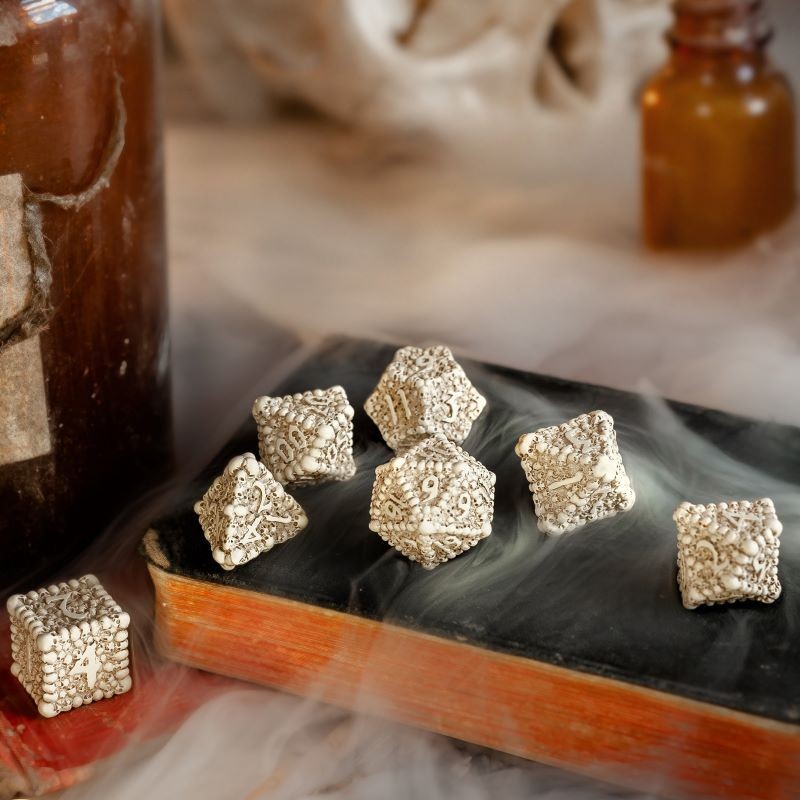 Q-Workshop Dice Macabre Set – beige resin with brown wash RPG dice – Flip Tap Win TCG, Saline MI