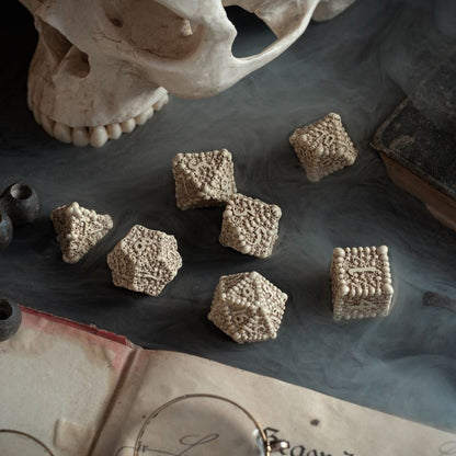 Q-Workshop Dice Macabre Set – beige resin with brown wash RPG dice – Flip Tap Win TCG, Saline MI