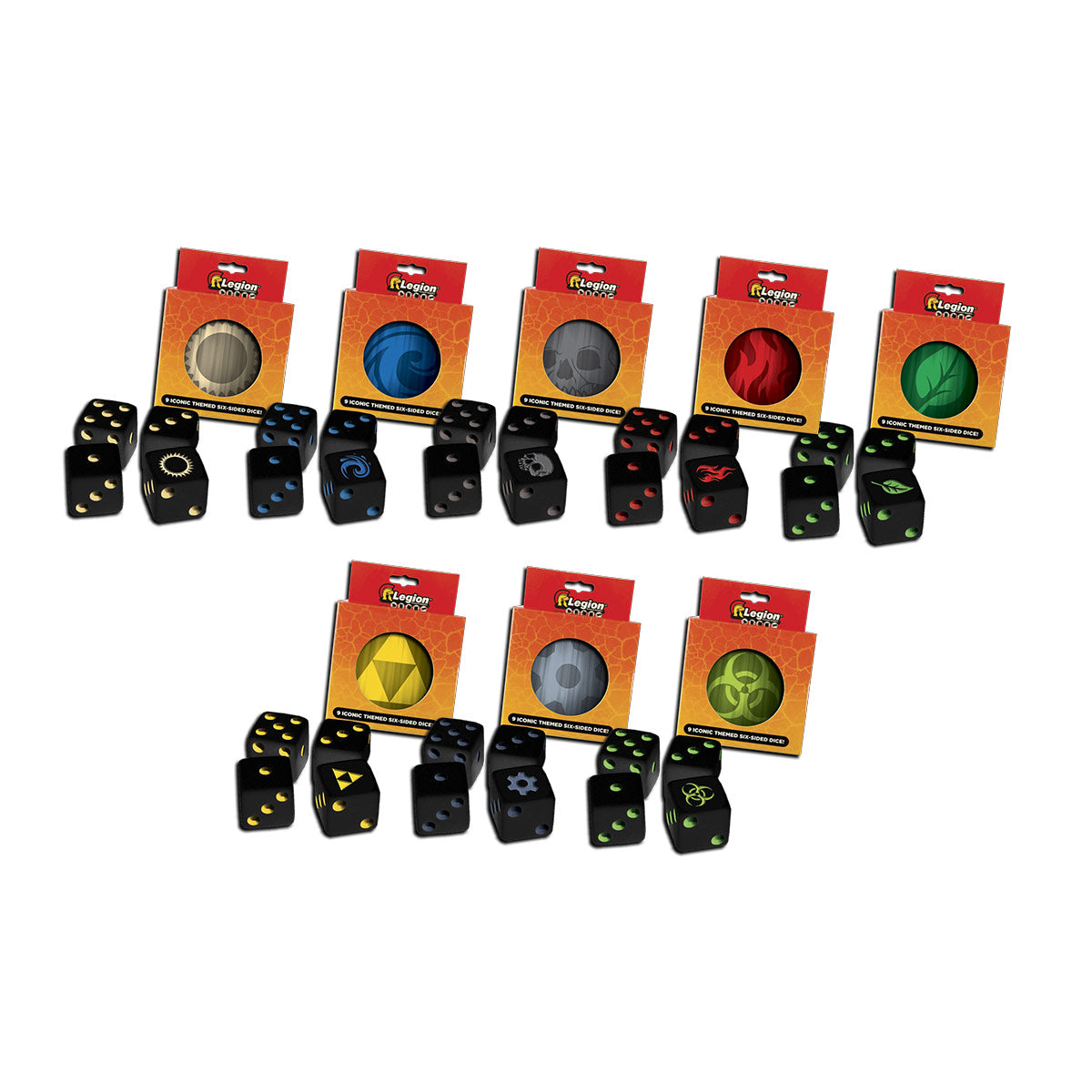 A set of Legion Supplies Iconic D6 Mix Dice Tin with various themed dice.