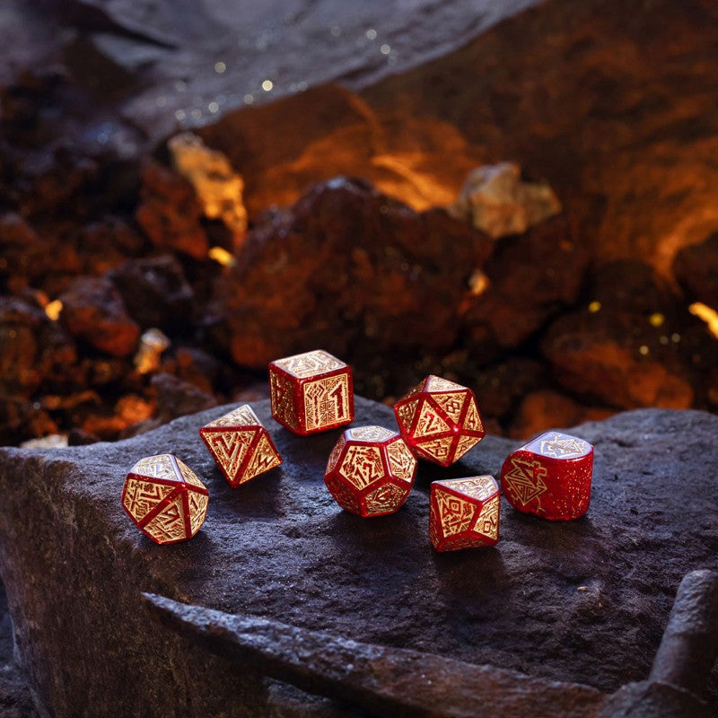 Q-Workshop Dwarven Dice Set: Jewels – shimmering red with gold RPG dice – Flip Tap Win TCG, Saline MI
