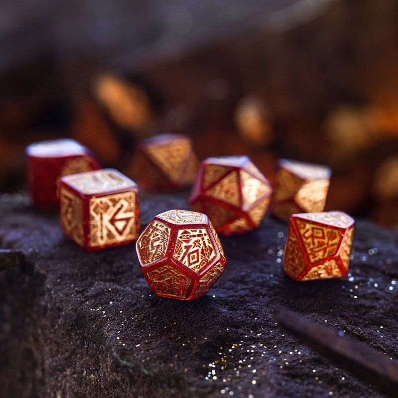 Q-Workshop Dwarven Dice Set: Jewels – shimmering red with gold RPG dice – Flip Tap Win TCG, Saline MI