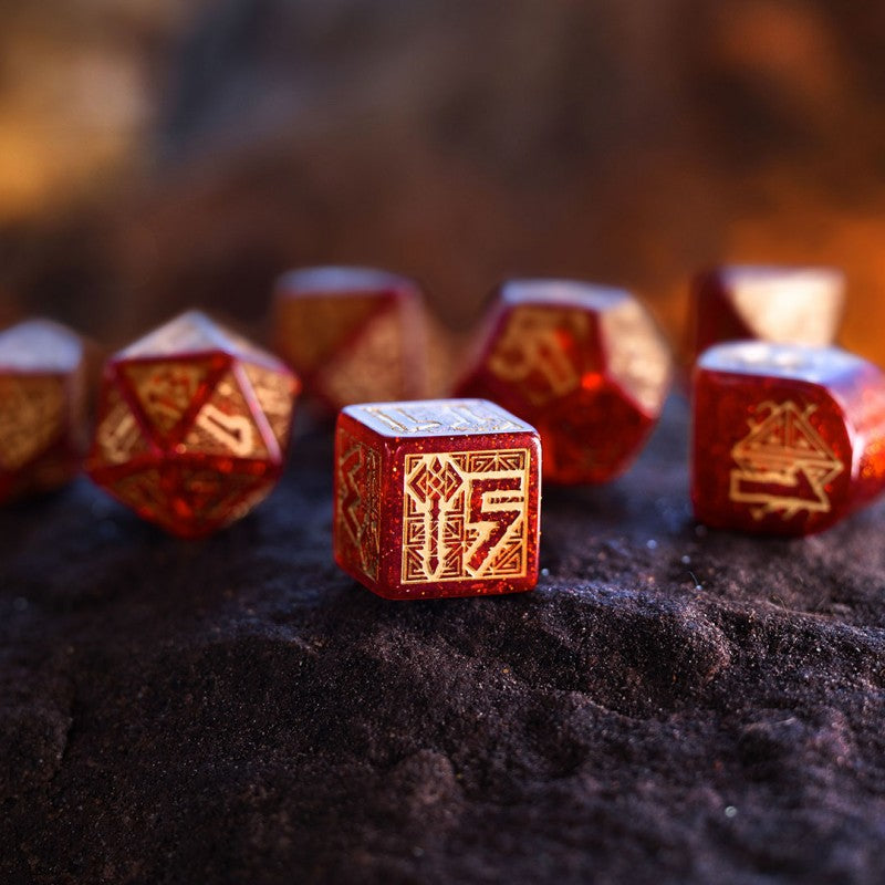 Q-Workshop Dwarven Dice Set: Jewels – shimmering red with gold RPG dice – Flip Tap Win TCG, Saline MI