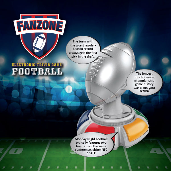 A Fanzone Electronic Trivia Game Football with three trivia bubbles. Brand: Fanzone, Item: Fanzone Trivia Game Bundle.