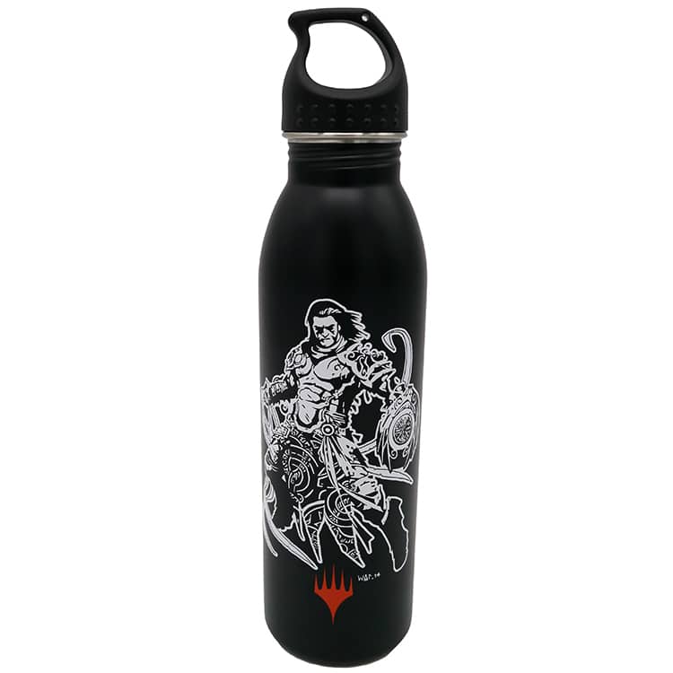 A black Magic: The Gathering Gideon metal water bottle. Brand: MTG PRO Shop, Item: Gideon Metal Water Bottle for Magic: The Gathering