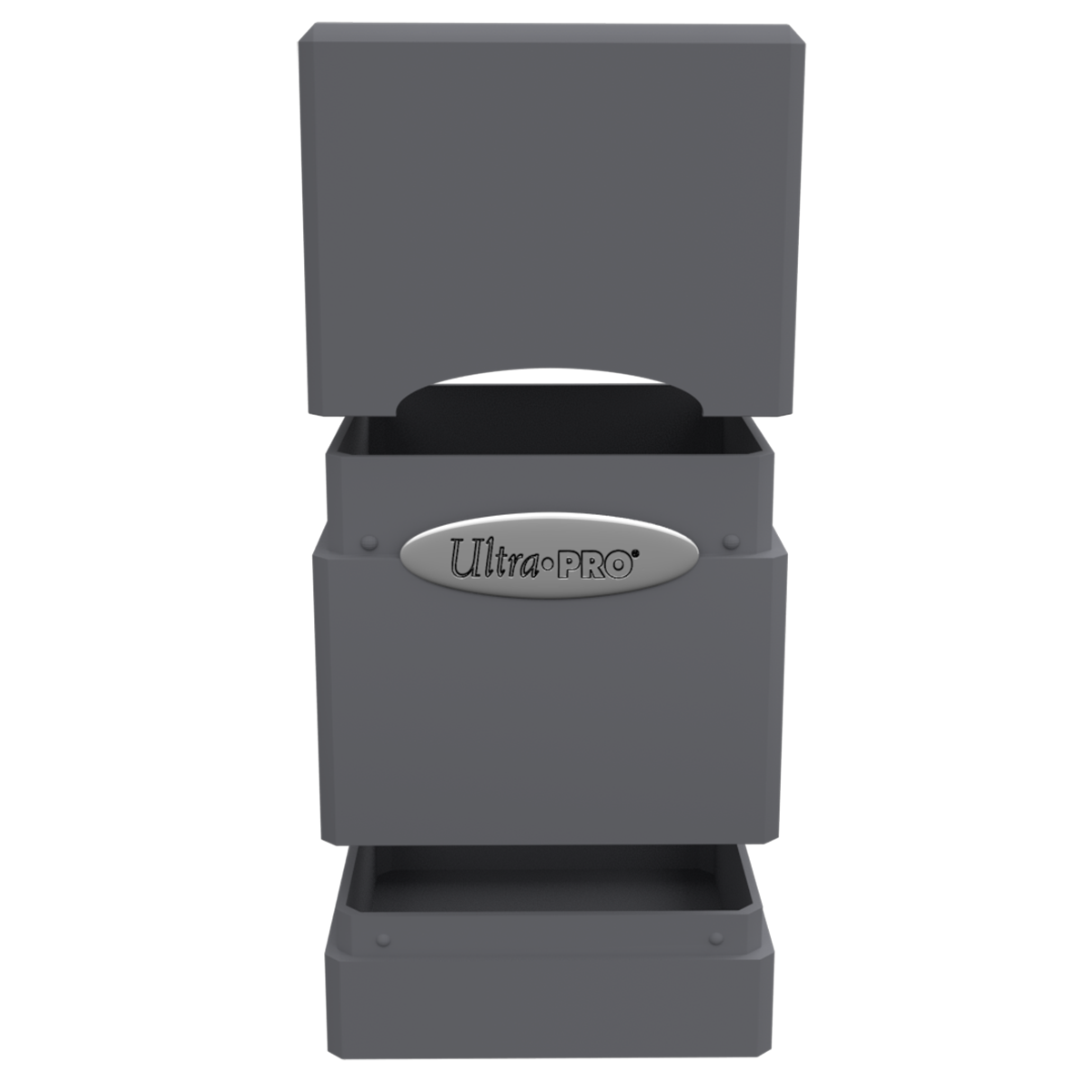 A gray Classic SATIN Tower DECK BOX. Brand: Ultra PRO, Item: Classic SATIN Tower DECK BOX
