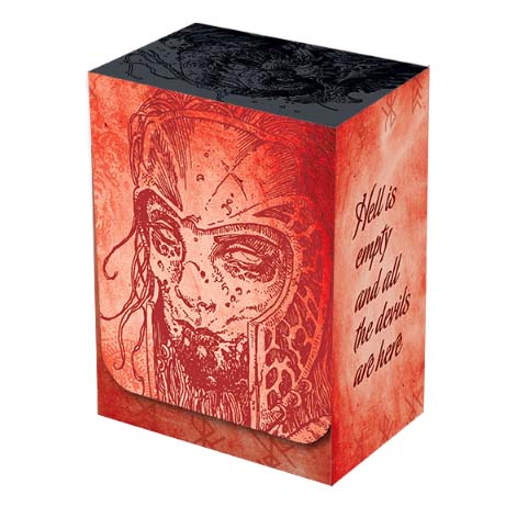 A red and black illustration deck box featuring a warrior's face and text. Brand: Legion Supplies, Item: Hell is Empty Matte Sleeves.