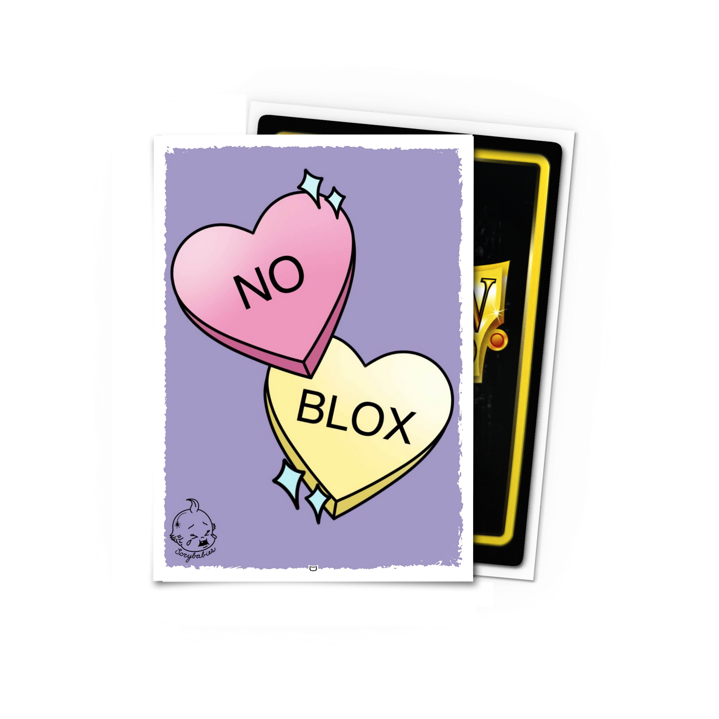 A purple and pink heart-shaped candy card sleeve with 'NO' and 'BLOX' written on it. Brand: Dragon Shield (Dev), Item: ScryBabies - No Blox - Standard Size.