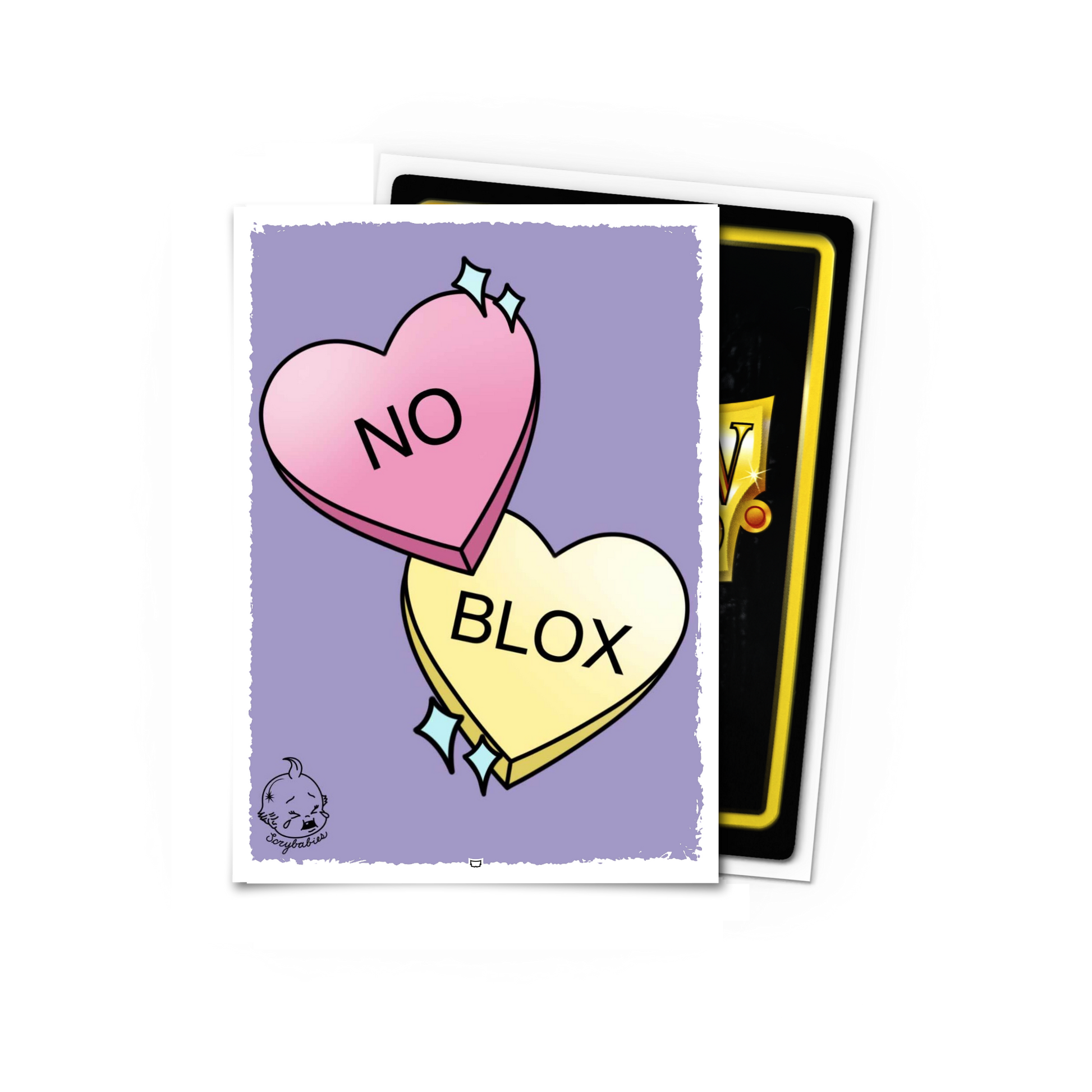 A purple and pink heart-shaped candy card sleeve with 'NO' and 'BLOX' written on it. Brand: Dragon Shield (Dev), Item: ScryBabies - No Blox - Standard Size.