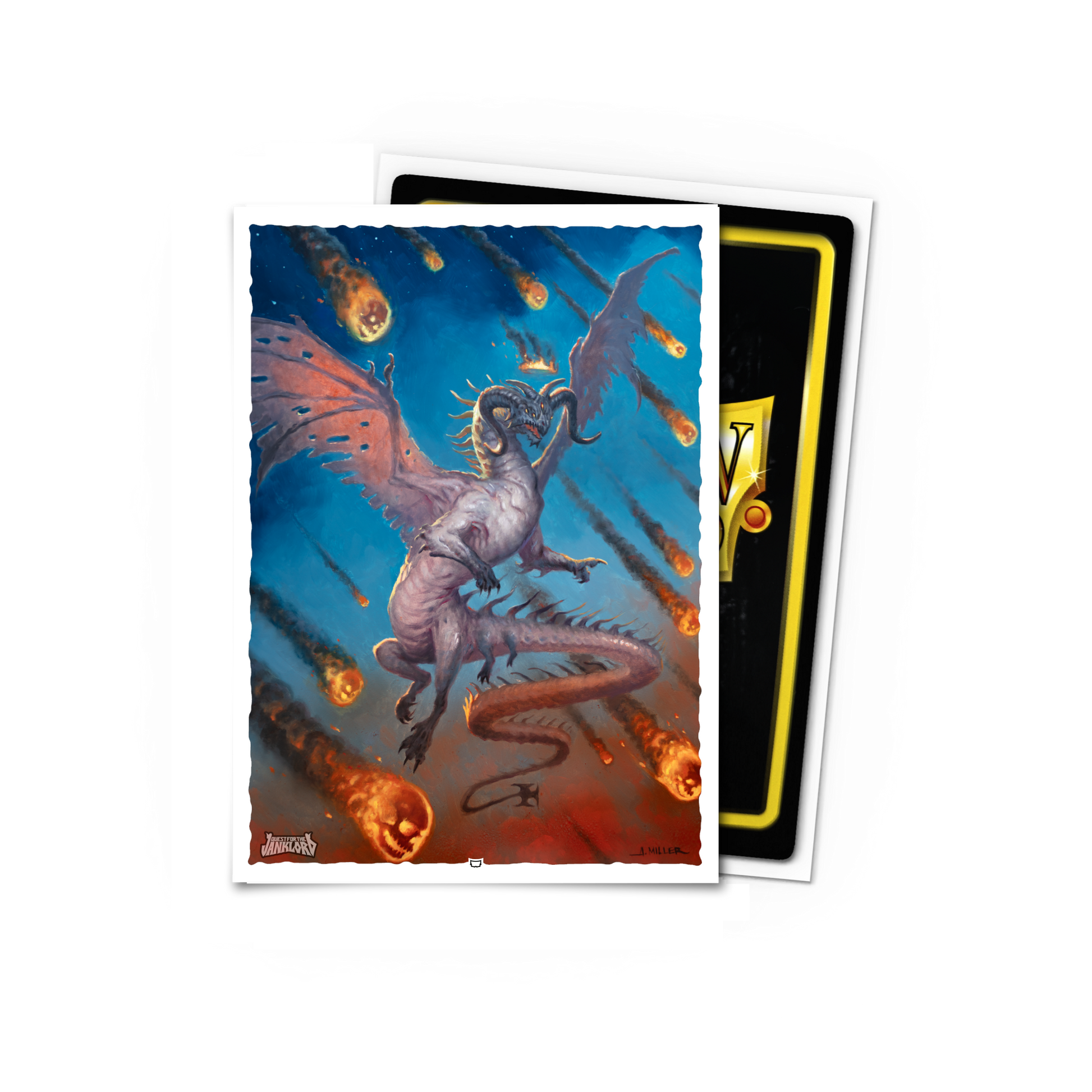 A white dragon with orange wings flying through a meteor shower, with the "Quest for the Janklord" logo. Brand: Dragon Shield (Dev), Item: Quest for the Janklord - Demon Dragon - Standard Size