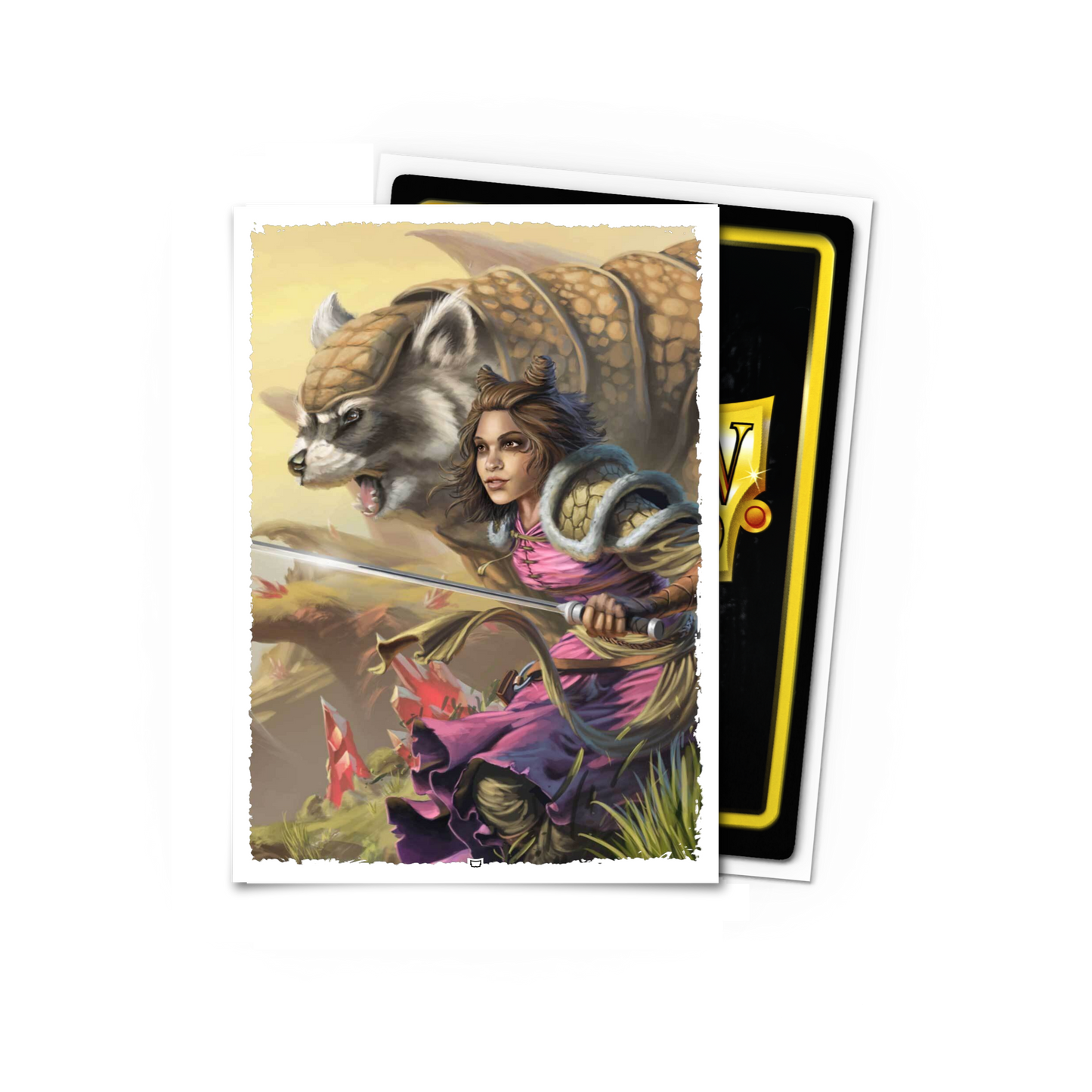 A fantasy art card sleeve featuring a woman warrior and a badger-like creature. Brand: Dragon Shield (Dev), Item: ScryBabies - Winota Lua - Standard Size