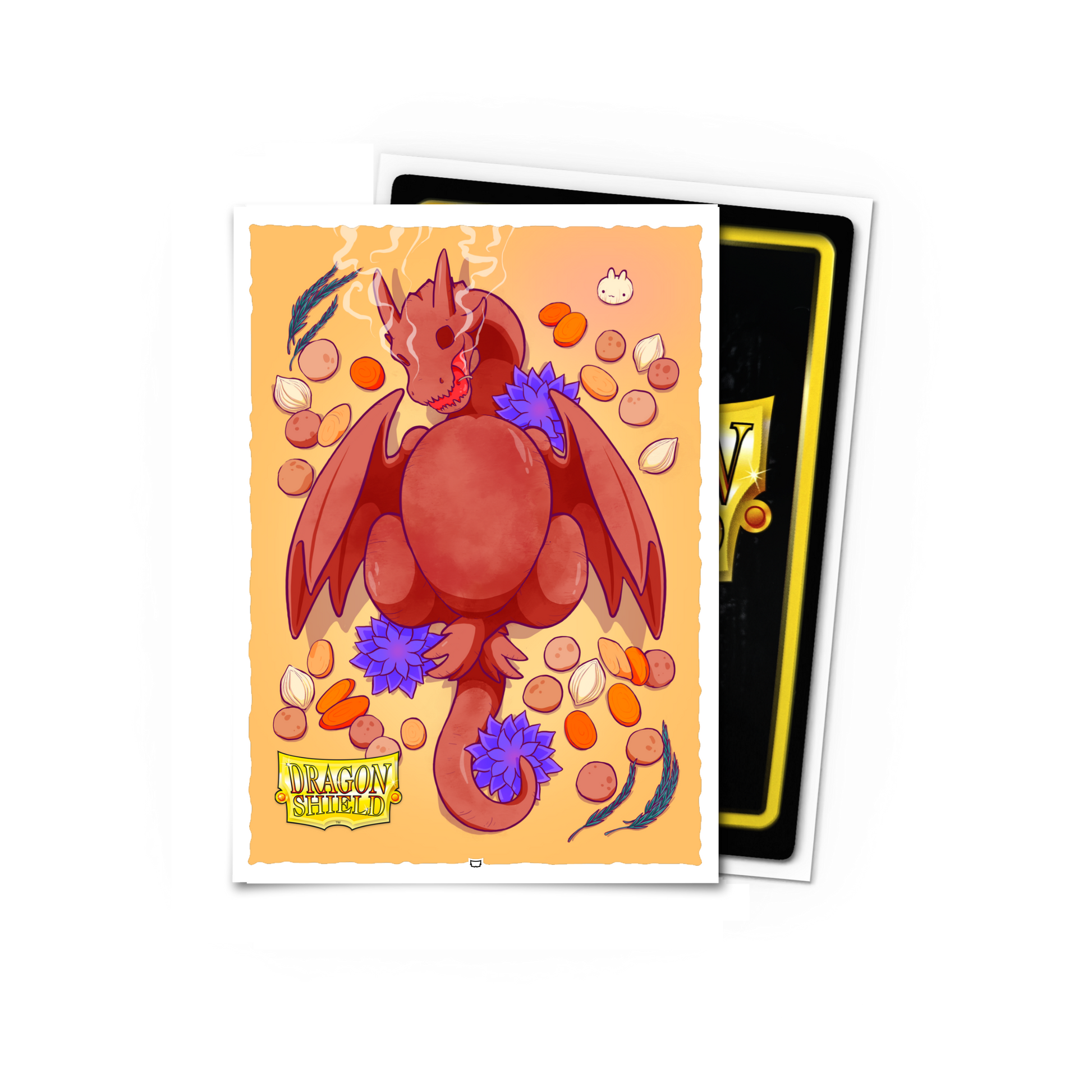 A red dragon illustration on a Dragon Shield Standard Size card sleeve, surrounded by food items like potatoes and carrots.