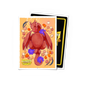 A red dragon illustration on a Dragon Shield Standard Size card sleeve, surrounded by food items like potatoes and carrots.