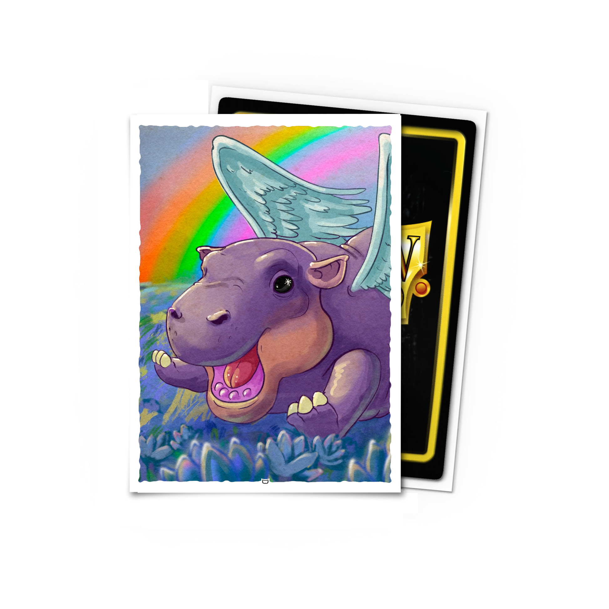 A purple winged hippogriff with a rainbow in the background, on a card. Brand: Dragon Shield (Dev), Item: GLHF - Rainbow Pheldagriff - Standard Size