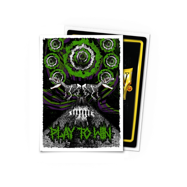 A "Play to Win - Seven Circles" Standard Size Card Sleeve featuring dinosaur skeletons and green/purple abstract art. Brand: Dragon Shield (Dev).