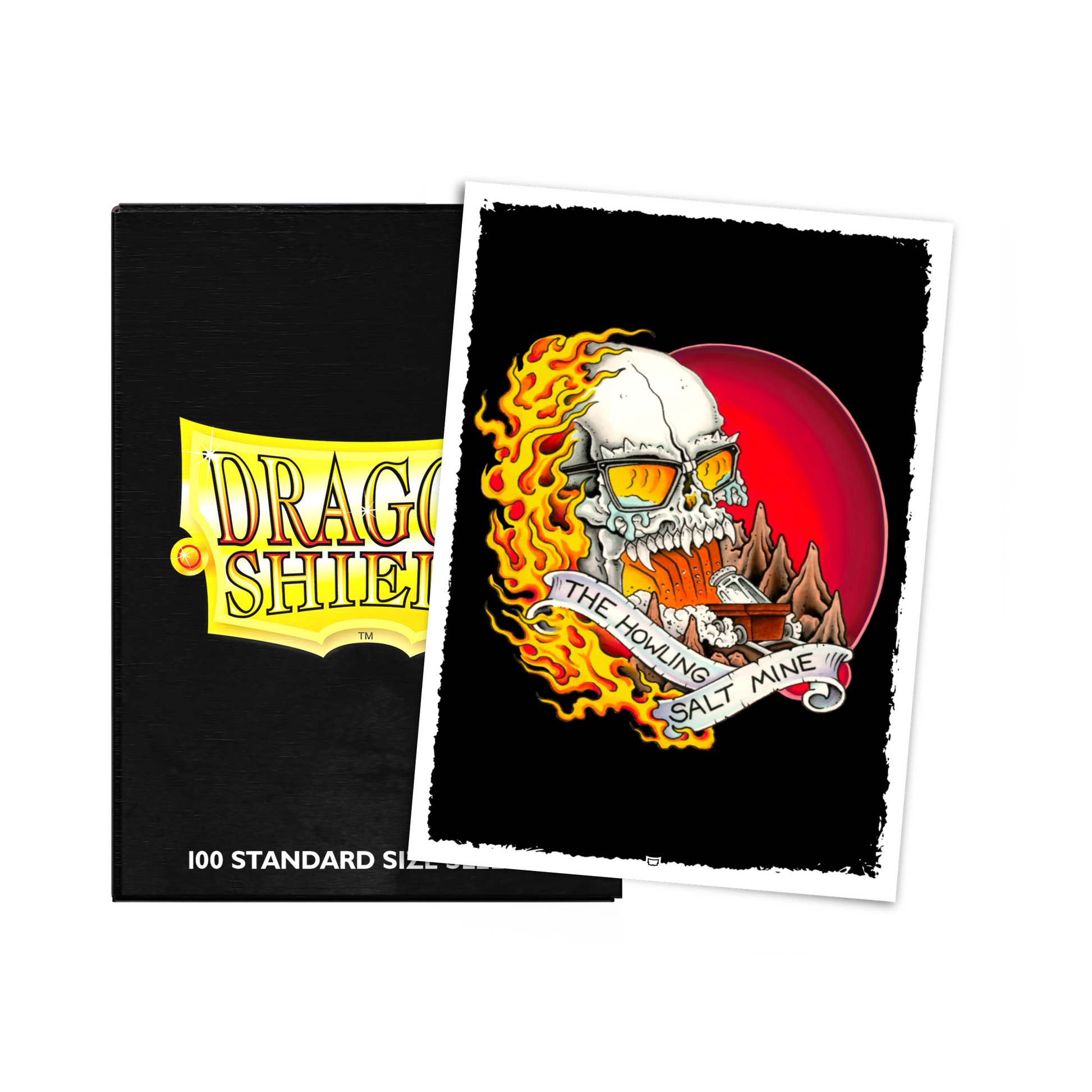 A black Dragon Shield deck box with a "The Howling Salt Mine" art sleeve. Brand: Dragon Shield, Item: The Howling Salt Mine - Brushed Art Sleeves - Standard Size.