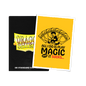 A yellow "All I Do Is Play Magic And It Sucks" Standard Size Card Sleeves. Brand: Dragon Shield, Item: Brushed Art Sleeves.