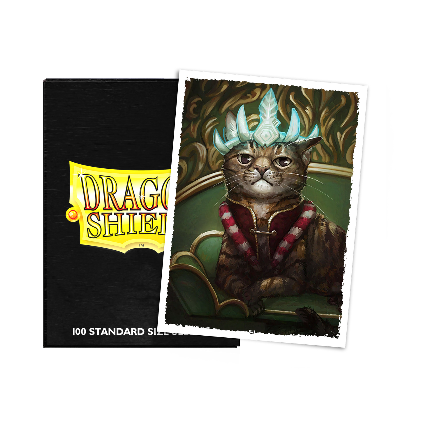 A black box of Dragon Shield 100 Standard Size card sleeves next to a card featuring a cat wearing a crown.
