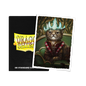A black box of Dragon Shield 100 Standard Size card sleeves next to a card featuring a cat wearing a crown.