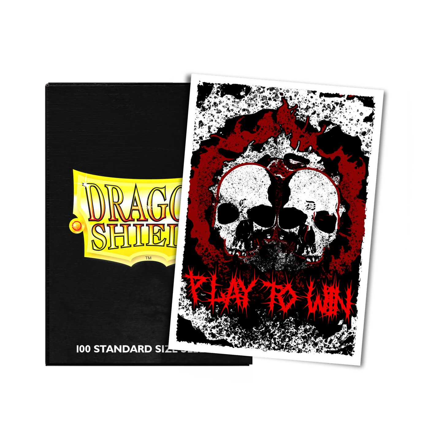 A black Dragon Shield deck box with a "Play to Win" skull art sleeve. Brand: Dragon Shield, Item: Play to Win - Skull - Brushed Art Sleeves - Standard Size.