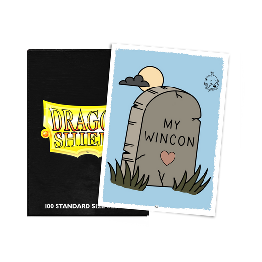 A black Dragon Shield deck box with a "RIP Wincon" art card. Brand: Dragon Shield, Item: ScryBabies - RIP Wincon - Brushed Art Sleeves - Standard Size.