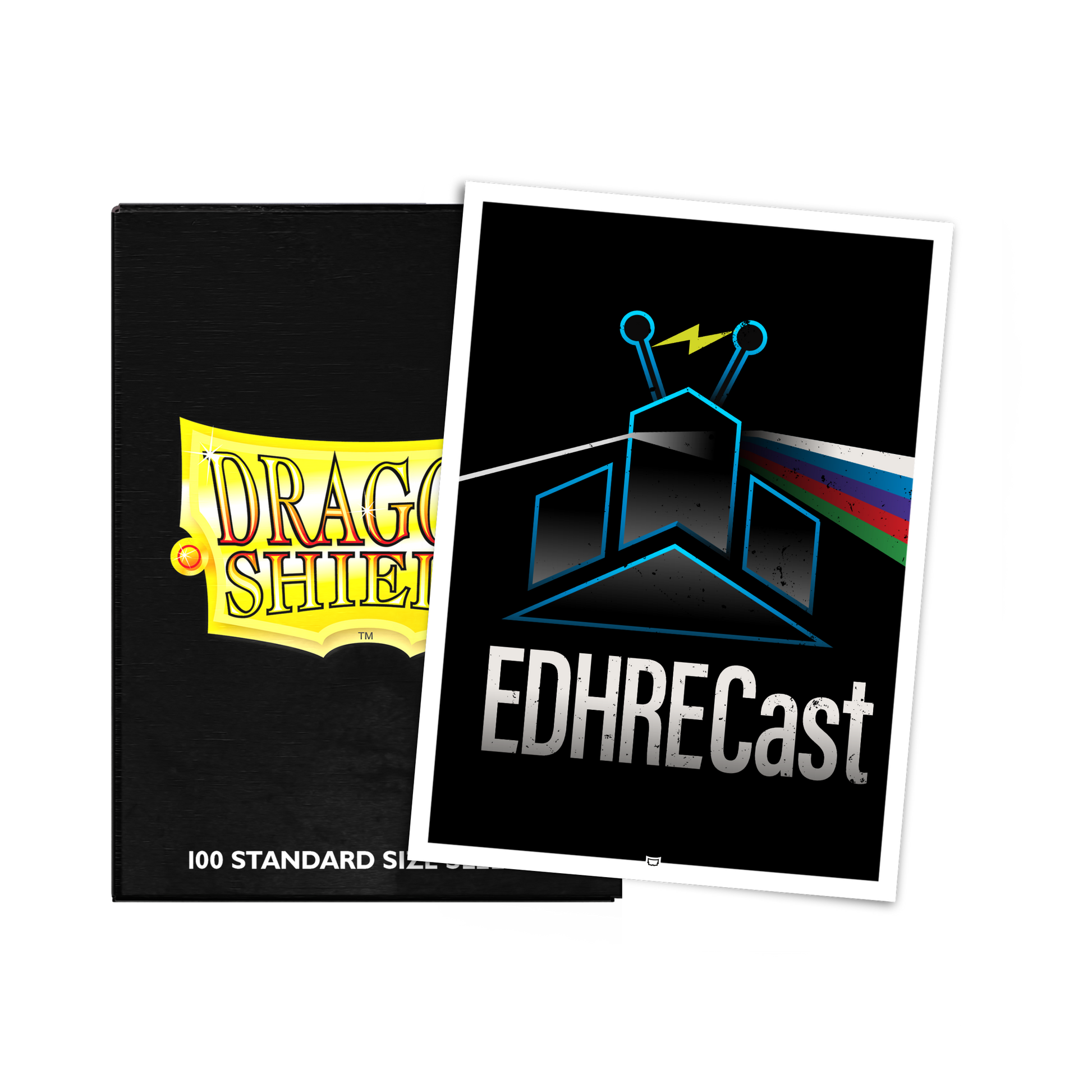 A black Dragon Shield deck box next to a card featuring the EDHRec Cast logo. Brand: Dragon Shield, Item: EDHRec Cast - Brushed Art Sleeves - Standard Size.