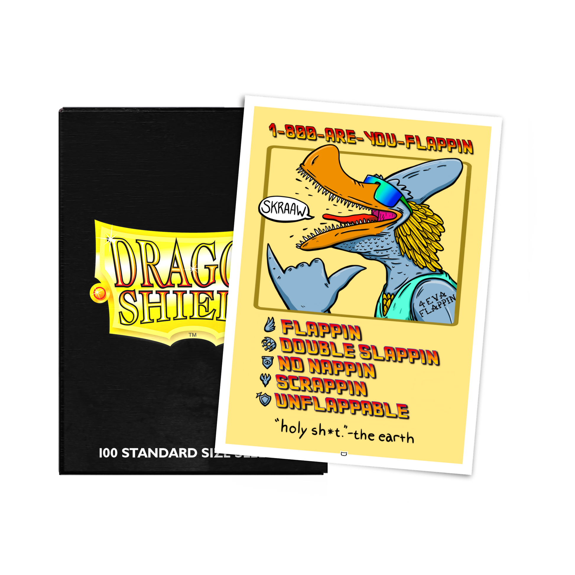 A black Dragon Shield 100 Standard Size card sleeve box next to a yellow card featuring a cartoon duck with sunglasses and the text "1-800-ARE-YOU-FLAPPIN!". Brand: Dragon Shield (Dev), Item: The Howling Salt Mine - 1-800-ARE-YOU-FLAPPIN! - Standard Size