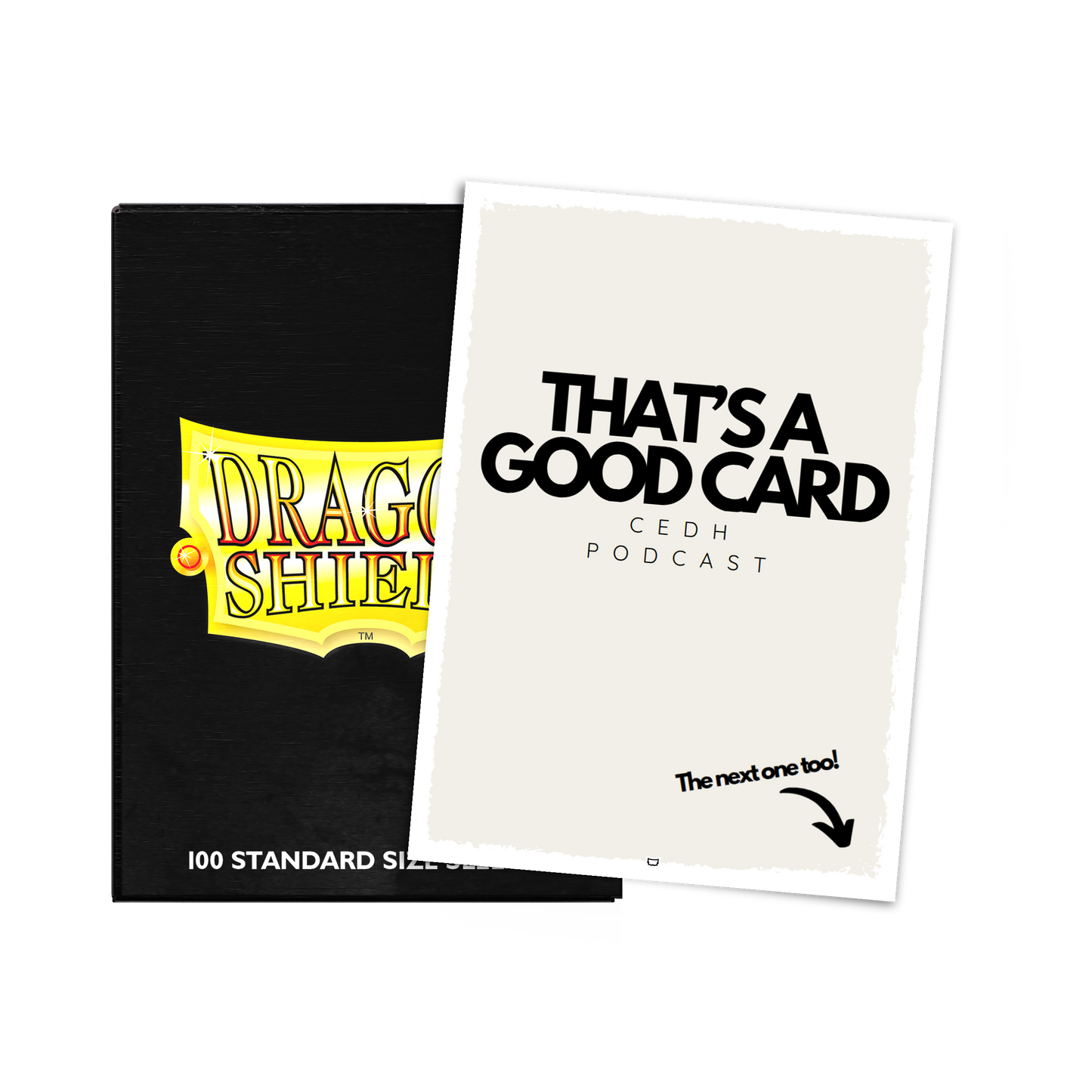 A black Dragon Shield deck box with a "That's a Good Card" podcast insert. Brand: Dragon Shield, Item: Brushed Art Sleeves - Standard Size.