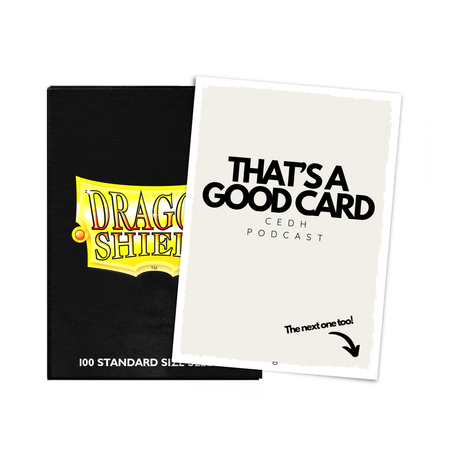 A black Dragon Shield deck box with a "That's a Good Card" podcast insert. Brand: Dragon Shield, Item: Brushed Art Sleeves - Standard Size.