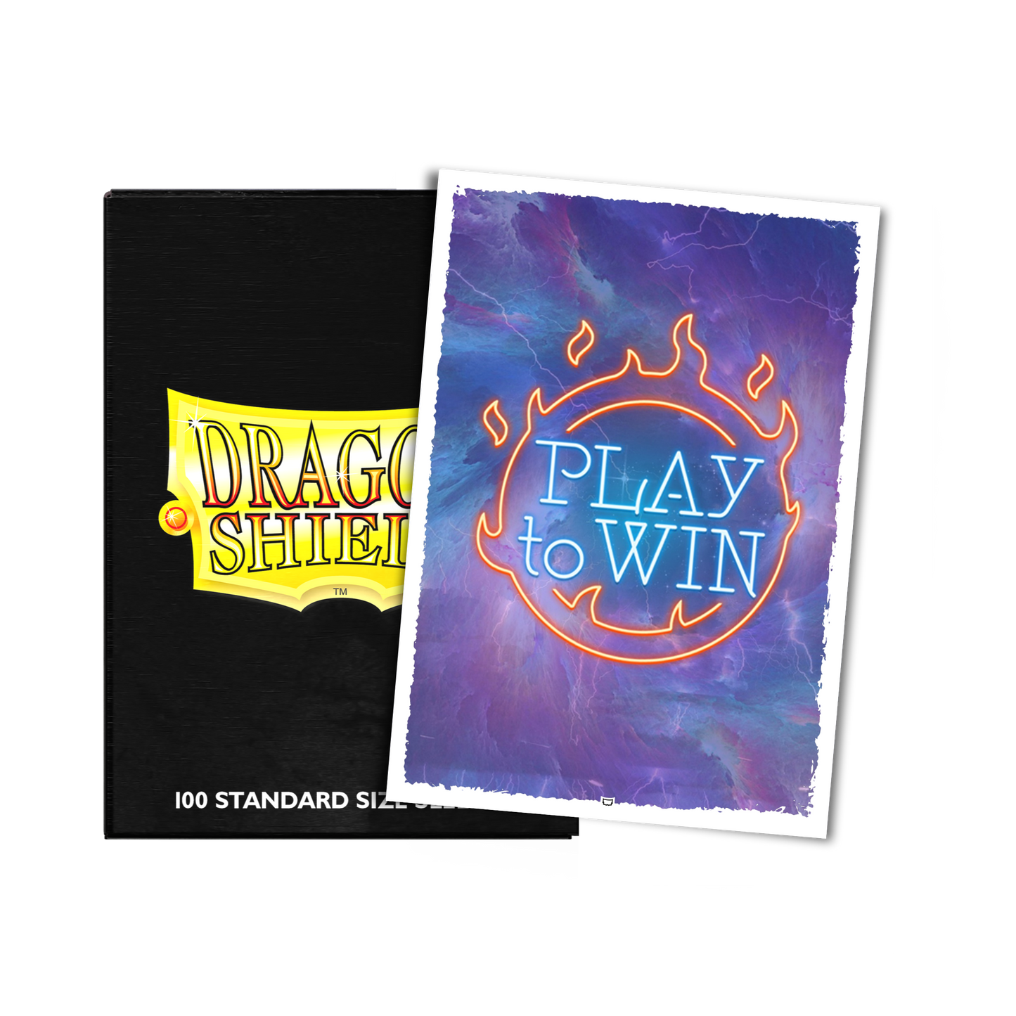 A black Dragon Shield deck box with a "Play to Win" art sleeve. Brand: Dragon Shield, Item: Play to Win - Brushed Art Sleeves - Standard Size.