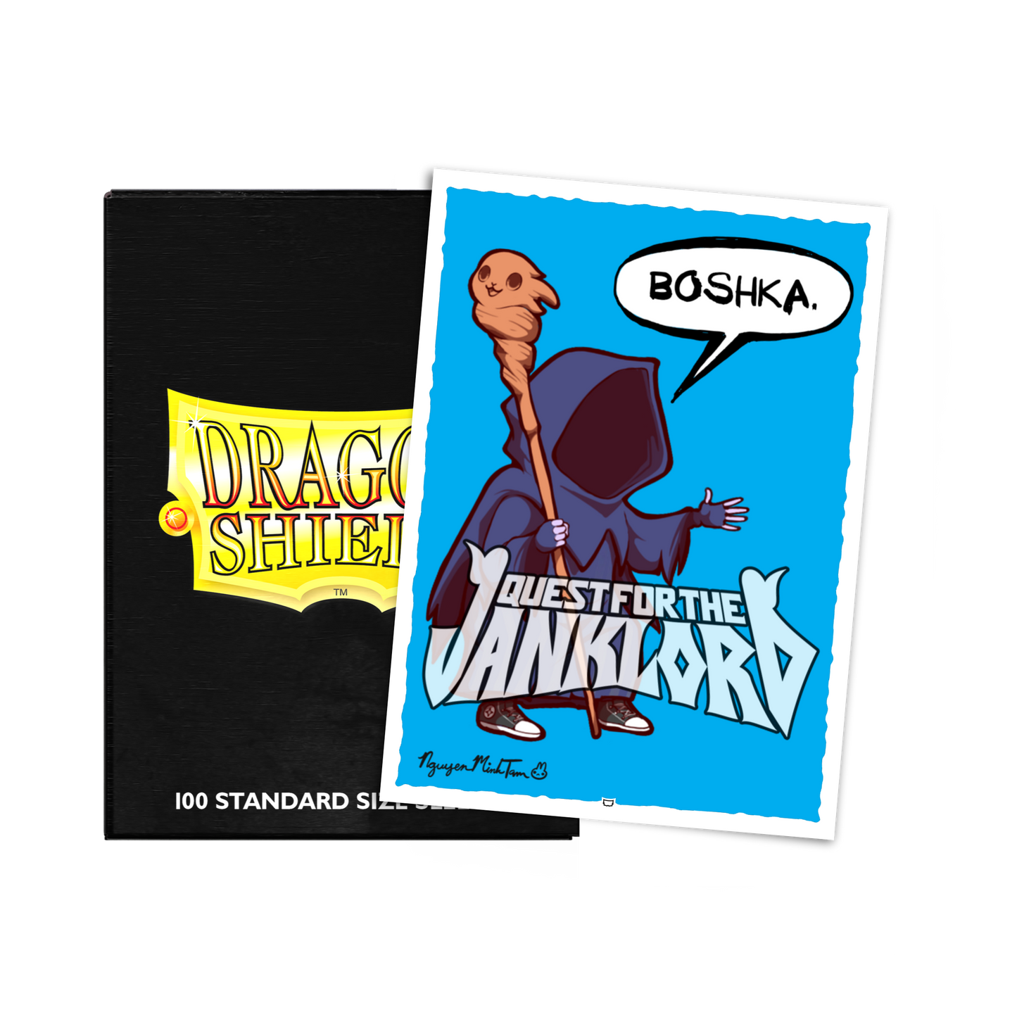 A black Dragon Shield 100 Standard Size card sleeve box next to a blue art print featuring a hooded figure with a staff and the text "BOSHKA.". Brand: Dragon Shield (Dev), Item: Quest for the Janklord - Little Wheelmaster - Standard Size.