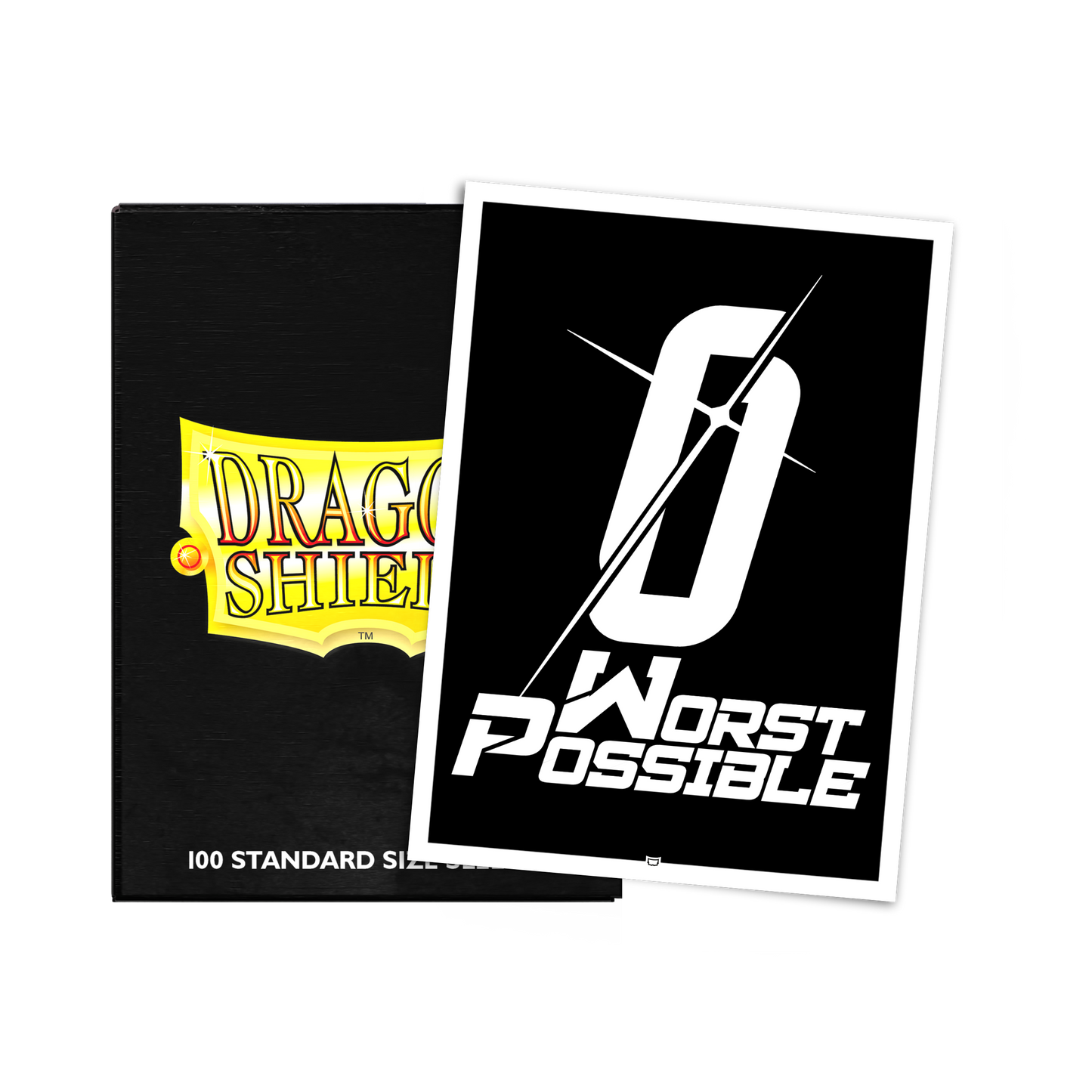 A black Dragon Shield deck box with a white "Worst Possible" card sleeve. Brand: Dragon Shield, Item: The Best Worst Possible Sleeves - Brushed Art Sleeves.