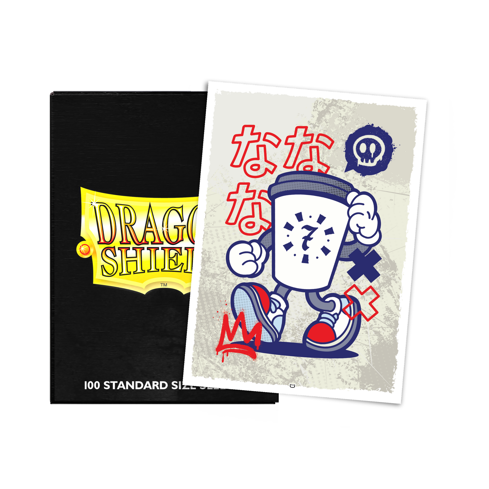 A black Dragon Shield deck box with a stylized coffee cup character art card. Brand: Dragon Shield, Item: Perfect Seven - Shibuya Coffee - Brushed Art Sleeves - Standard Size.