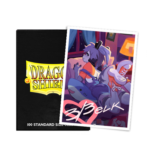 A black Dragon Shield deck box next to a "3/3 Elk - Hangin' Out" art card sleeve.