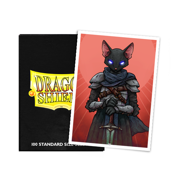A black brushed art card sleeve featuring a warrior cat illustration. Brand: Dragon Shield, Item: Nox Mortua - Warrior Cat - Brushed Art Sleeves.