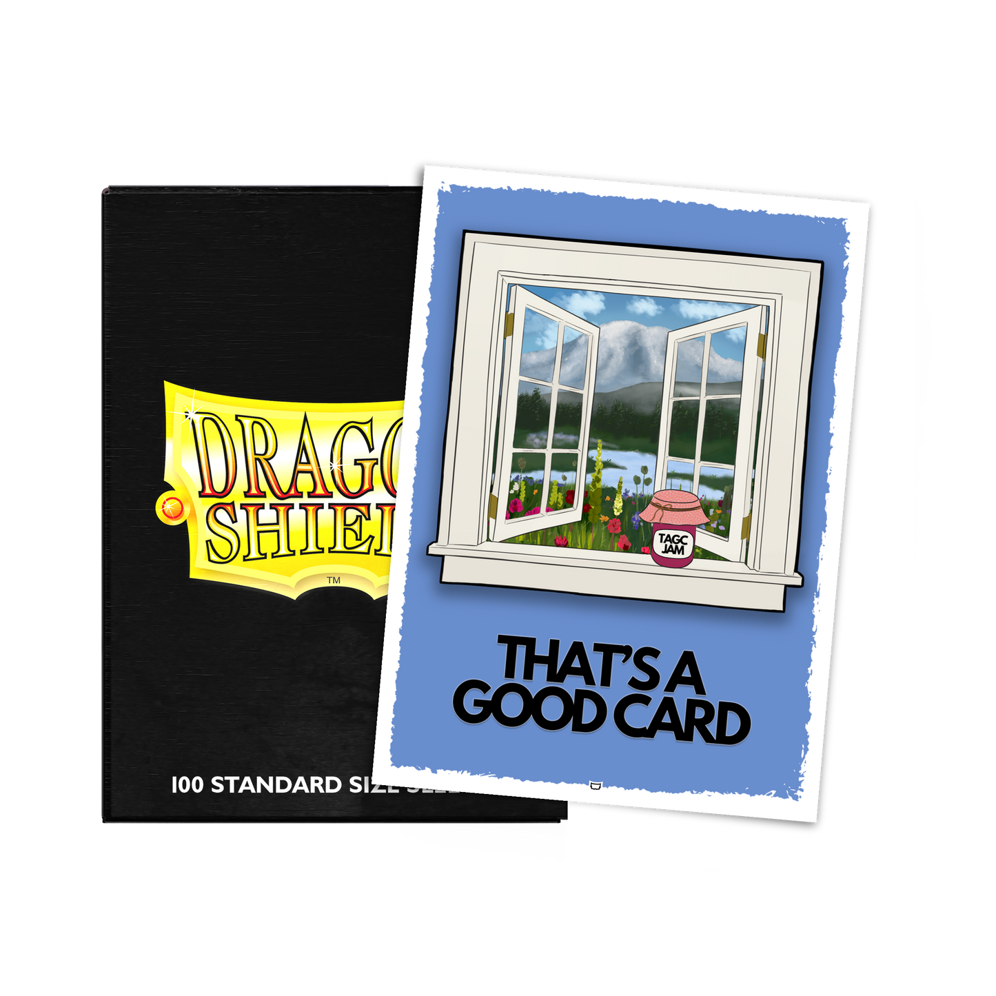 A black Dragon Shield deck box next to a card featuring a window view of a landscape with flowers and mountains, with the text "That's a Good Card".