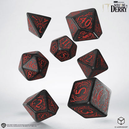 Q-Workshop It: Welcome to Derry Dice Set – black glitter with red RPG dice – Flip Tap Win TCG, Saline MI