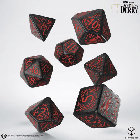 Q-Workshop It: Welcome to Derry Dice Set – black glitter with red RPG dice – Flip Tap Win TCG, Saline MI