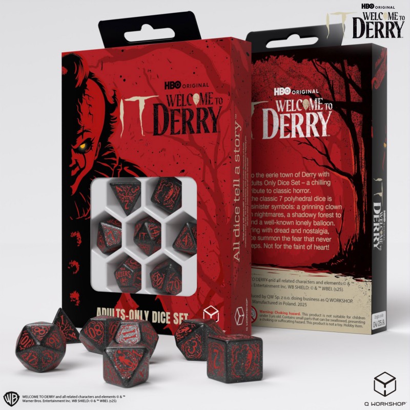 Q-Workshop It: Welcome to Derry Dice Set – black glitter with red RPG dice – Flip Tap Win TCG, Saline MI