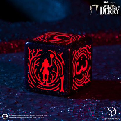 Q-Workshop It: Welcome to Derry Dice Set – black glitter with red RPG dice – Flip Tap Win TCG, Saline MI